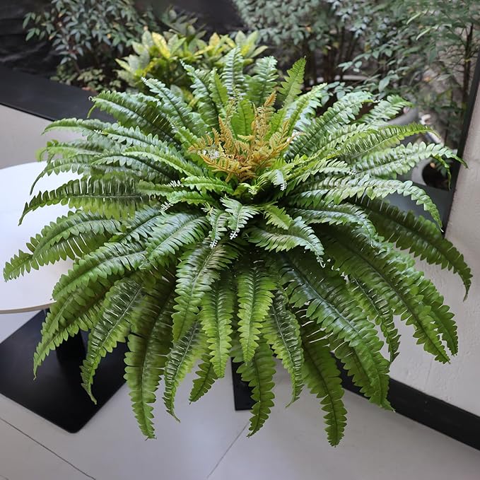 Artificial Ferns for Outdoors, 45" Large Faux Ferns 63 Fronds Fake Boston Fern Plant for Planter Garden Home Yards Farmhouse Decor 2 PCS Dark Green
