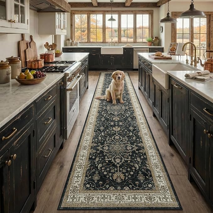 RELEANY Area Rugs 2'x10' Runner Rug Non Slip Washable for Kitchen Hallway Bedroom Beside Laundry Room Bathroom Rug, Floor Carpet, Vintage Black Brown Neutral