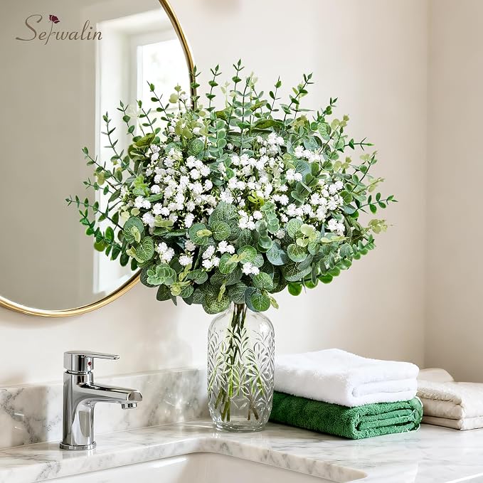 Serwalin 50Pcs Mixed Eucalyptus Greenery Stems 3 Kinds,Baby Breath Flowers Artificial Bulk with Faux Eucalyptus Stems Fake Greenery for DIY Bouquets Wedding Floral Arrangement Home Decor
