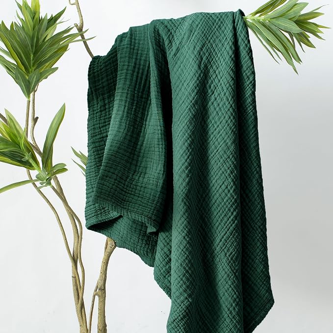Carriediosa 100% Cotton Muslin Throw Blanket 70" X 80" Twin Size，4-Layers Summer Gauze Throws for Bed Couch，Soft Lightweight Breathable Linen Blankets Bedspread for Adults All Season，Dark Green