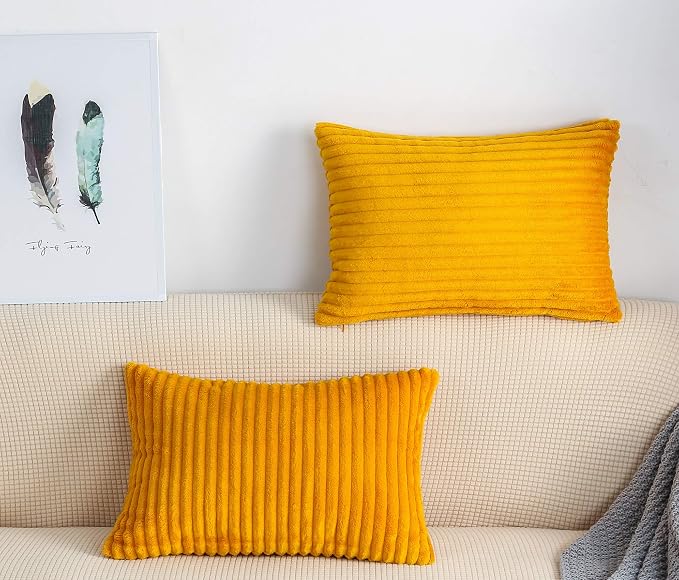 TangDepot Velvet Big Corduroy Pillow Covers 12x20 Deep Yellow 2-Pack | Soft wide-stripe corduroy pillow cover, hidden zipper, machine washable, easy refresh, for bedroom living room indoor outdoor
