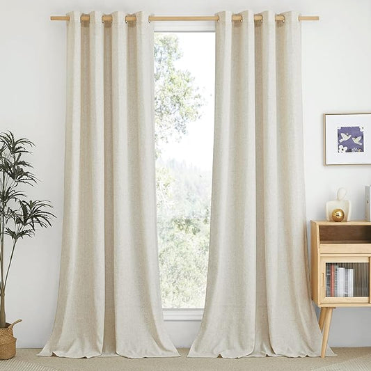 NICETOWN Linen Flax Semi Sheer Curtains 92" Length, Grommet Window Treatments Privacy Added with Light Penetration Vertical Drapes for Loft/Home Office, Natural, W55 x L92, 2 Panels