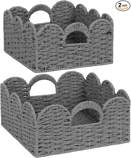 Graciadeco Scalloped Wicker Basket Natural Paper Rope Storage Baskets with Handles Handwoven Organizer Bin Wicker Storage Baskets for Home Decor, Organizing, 2 Pack (Grey)