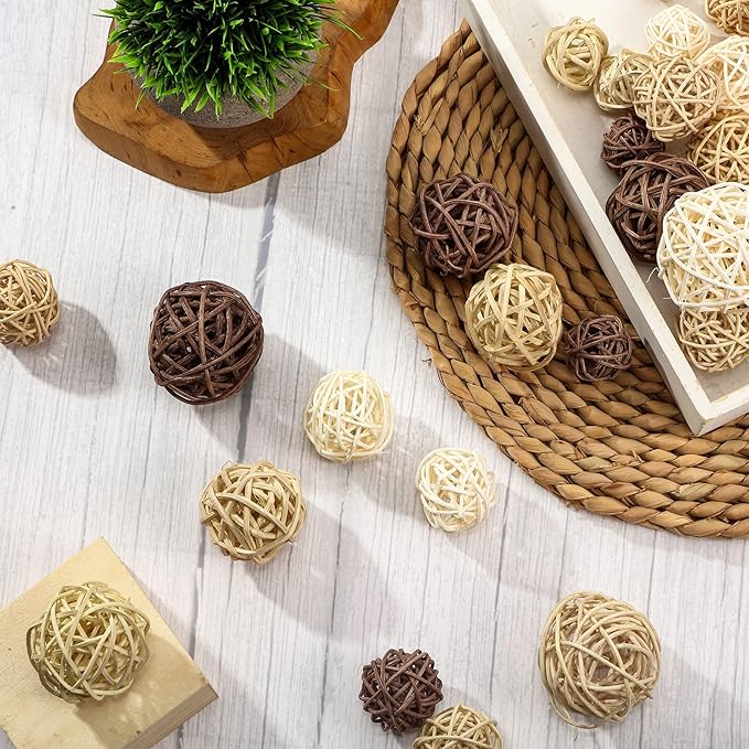 Patelai 36 Pcs Wicker Rattan Balls Decorative Balls for Vase Centerpiece Bowls Orbs Filler for Home Decor,4 Sizes(White, Wood Color, Light Tan, Coffee)