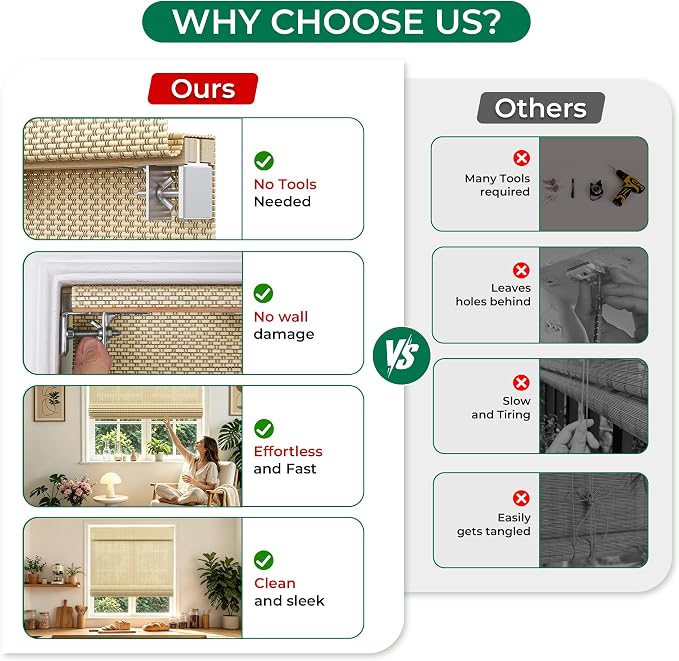 Allesin zen No Drill Cordless Bamboo Roman Shades, Light Filtering 35" W x 64" H, Beige