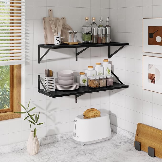 Acovy Floating Shelf for Wall,32" WX10 D Wood Floating Shelves with Sturdy Metal Bracket Set of 2,Wall Mounted Hanging Shelf for Bathroom,Bedroom,Kitchen,Black