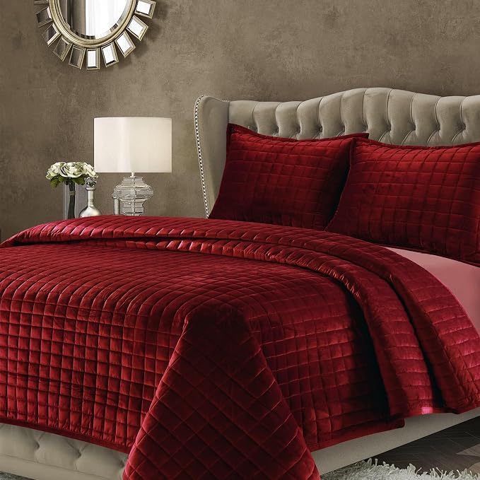 Tribeca Living Luxury Velvet Quilt Queen Size Set - 260GSM Ultra-Soft Oversized Velvet Bedspread Comforter Set with 2 Shams, in Florence Burgundy