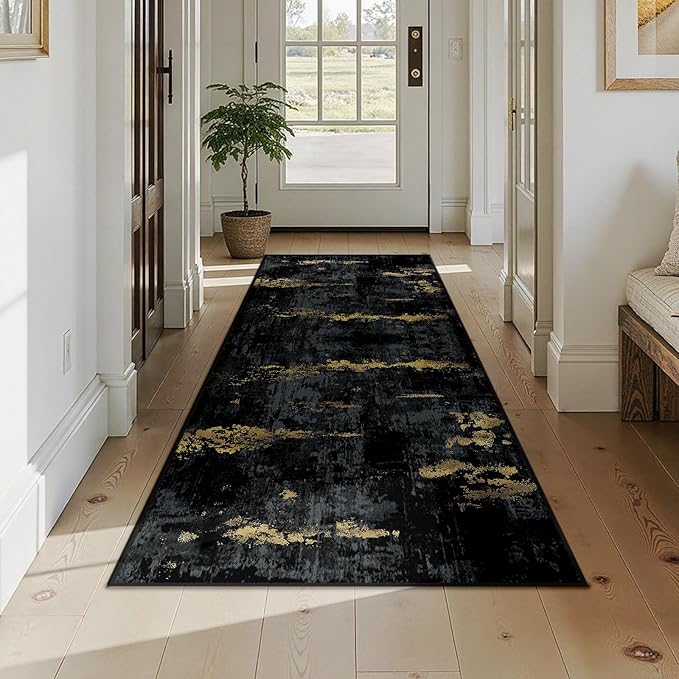 RELEANY Washable Area Rugs 3x7 Non-Slip Modern Abstract Soft for Living Room Entryway Bedroom Nursery, Print Pattern, Dark Black Gold
