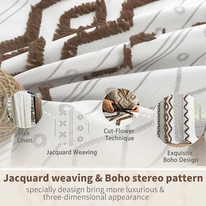 BGment Jacquard Brown Linen Curtains for Living Room, Boho Tufted Pom Stripe Modern Farmhouse Drapes for Bedroom Light Filtering, 52 X 84 Inch, 2 Panels