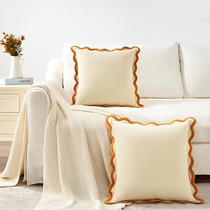 MONDAY MOOSE Decorative Throw Pillow Covers Cushion Cases, Set of 2 Soft Velvet Scalloped Wavy Edge Designs, Mix and Match for Home Decor, Pillow Inserts Not Included (18x18 inch, Honey/Cream)