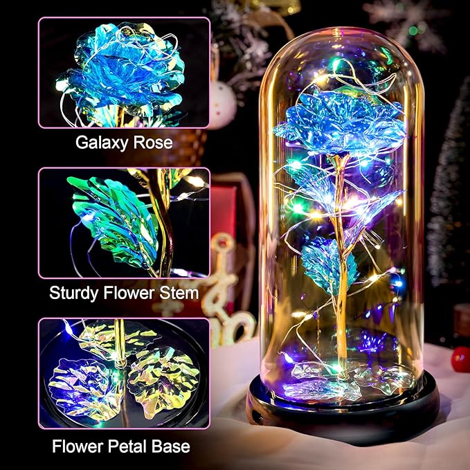 Mothers Day Flowers Gifts for Mom Women Birthday Gift Rechargeable Galaxy Glass Rose in Glass Dome Forever Crystal Eternal Rose Anniversary Mothers Day Roses Gifts for Daughter Wife Women Grandma Blue