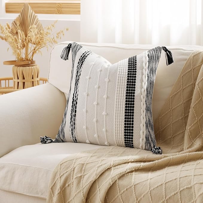 DEZENE Boho Pillow Cover 18x18 Black - Handmade Woven Textured Throw Pillow Case with Cordings & Tassels, Decorative Accent for Couch Sofa Bed Farmhouse Living Room Bedroom Home Decor