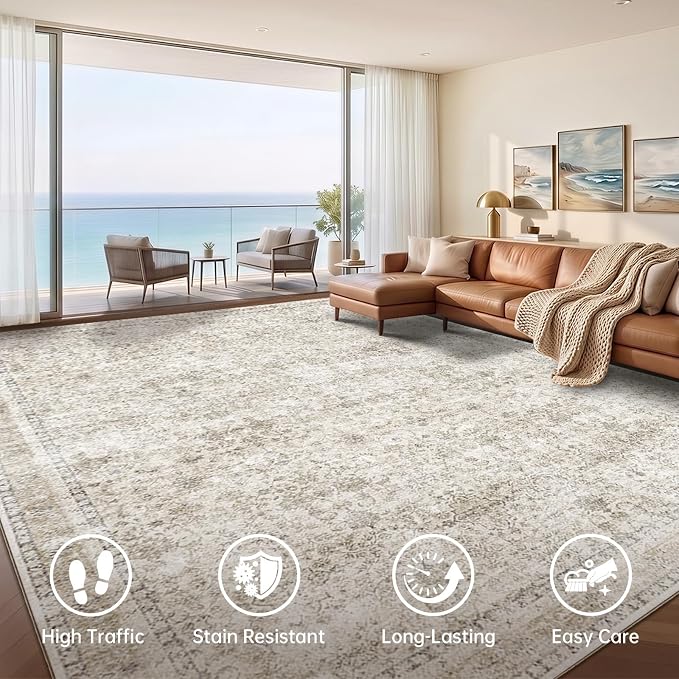 Sasttie 8x10 Area Rugs, Ultra-Soft Washable Rug, Low Pile Foldable Thin Carpets with Non-Slip Backing, Skin-Friendly Stain Resistant Carpet for Living Room, Bedroom, Kitchen, Dorm, 8x10, Beige