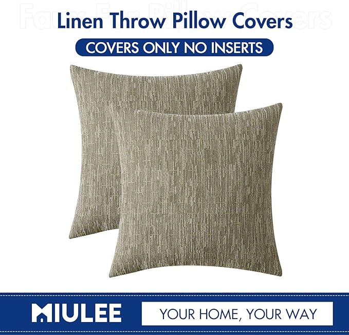 MIULEE Pack of 2 Decorative Burlap Linen Throw Pillow Covers Modern Farmhouse Pillowcase Rustic Woven Textured Cushion Cover for Sofa Couch Bed (18''x18'', Khaki)