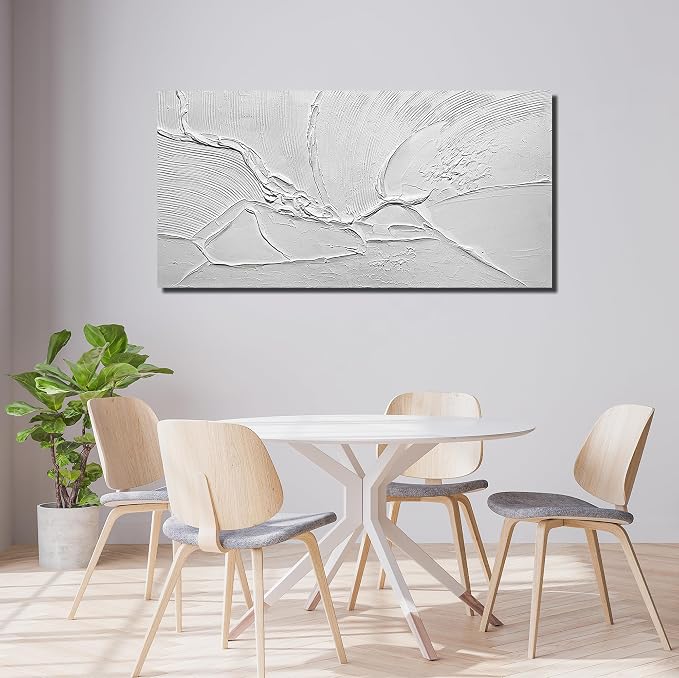 Modern Hand Painted Wall Art for Dining Room White Pictures for Bedroom Abstract Living Room Wall Decor Size 24 x 47 Inch