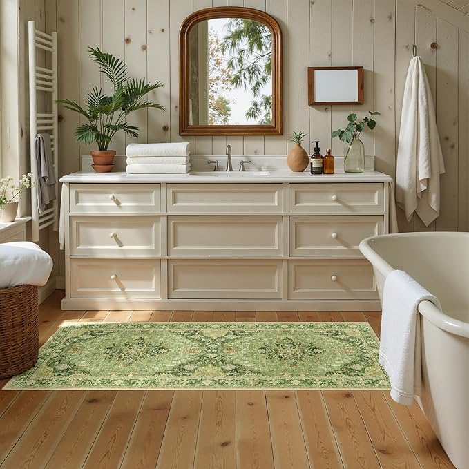 RELEANY Area Rugs 2'x6' Runner Rug Non Slip Washable for Kitchen Hallway Bedroom Beside Laundry Room Bathroom Rug, Floor Carpet, Sage Green Yellow