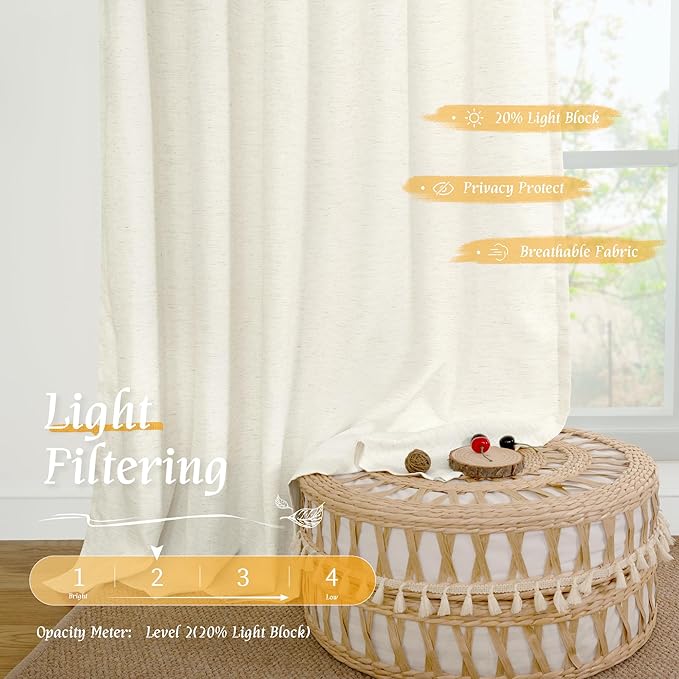 LAMIT Natural Linen Curtains for Bedroom, 72 Inch Faux Linen Textured Light Filtering Drapes Rod Pocket Window Panels for Living Room/Sliding Door, Set of 2 Panels, 52 x 72 Inch, Cream