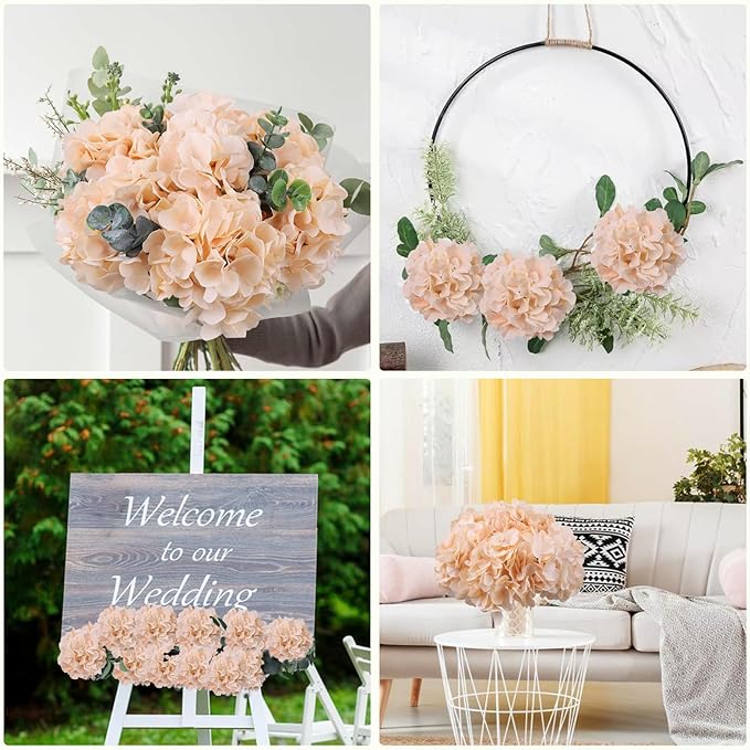 AVIVIHO 10pcs Fake Flowers Champagne Hydrangea Artificial Flowers Bulk (Not Squished, No Steaming Need) Silk Flowers with Stems for Wedding Decor,Home,Baby Shower,Table Centerpieces Decoration