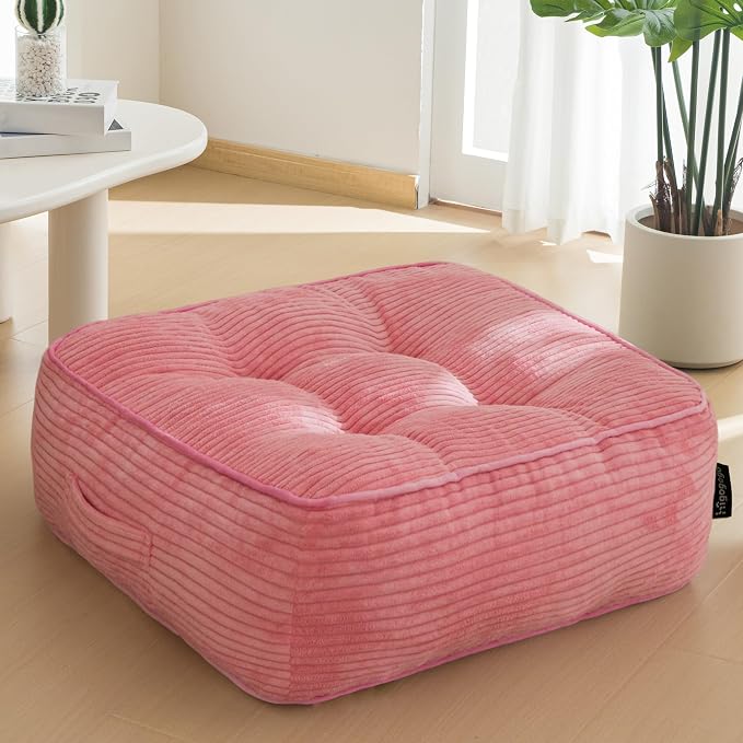 HIGOGOGO 8" Extra Thick Floor Pillow Cushion for Adults, Meditation Cushion Pillow, Large Square Floor Sitting, Tufted Corduroy Cover, for Tatami Living Room or Yoga, 22x22 Inch, Pink