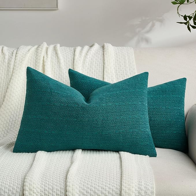 FUTEI Teal Chenille Throw Pillow Covers 12x20 Inch Set of 2,Soft Striped & Diamond Textured Lumbar Pillow Cases,Modern Home Decor for Couch Living Room