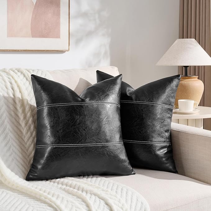 Fancy Homi Black Boho Faux Leather Decorative Throw Pillow Covers 20x20 Inch for Living Room Couch Bed Sofa, Rustic Modern Farmhouse Home Decor, Hand Stitched Square Cushion Case 50x50 cm