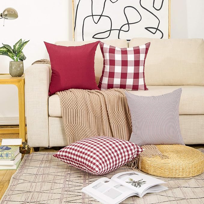 CARRIE HOME Red Plaid Decorative Throw Pillow Covers 20x20 Set of 4, Burgundy Red and White Christmas Couch Pillows 20 x 20, Red Buffalo Checkered Living Room Decor Pillows Also for Front Porch