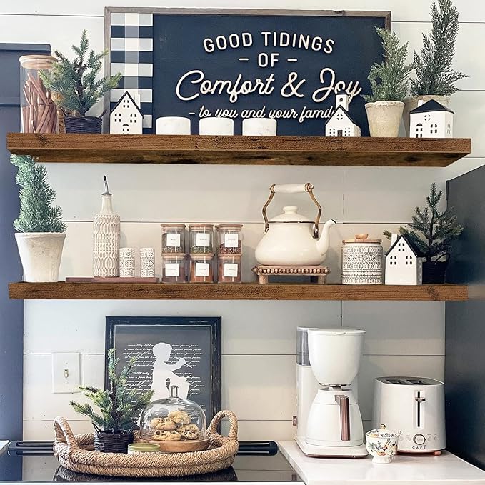 QEEIG Floating Shelves for Wall 47.2" Extra Long - Wall Shelf Bathroom Kitchen Living Room Bedroom Farmhouse Home Decor Display Bookshelf Large 47.2 x 9.3 inch Set of 2, Rustic Brown (008-120BN)