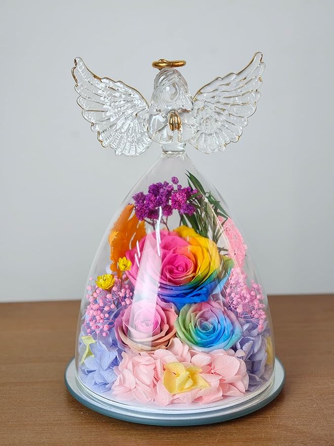 FIACO Gifts for Women Mom Preserved Rose Forever Flower in Glass Angel Figurine Fresh Flowers for Delivery Birthday Gifts for Grandma Wife Sister Eternal Roses