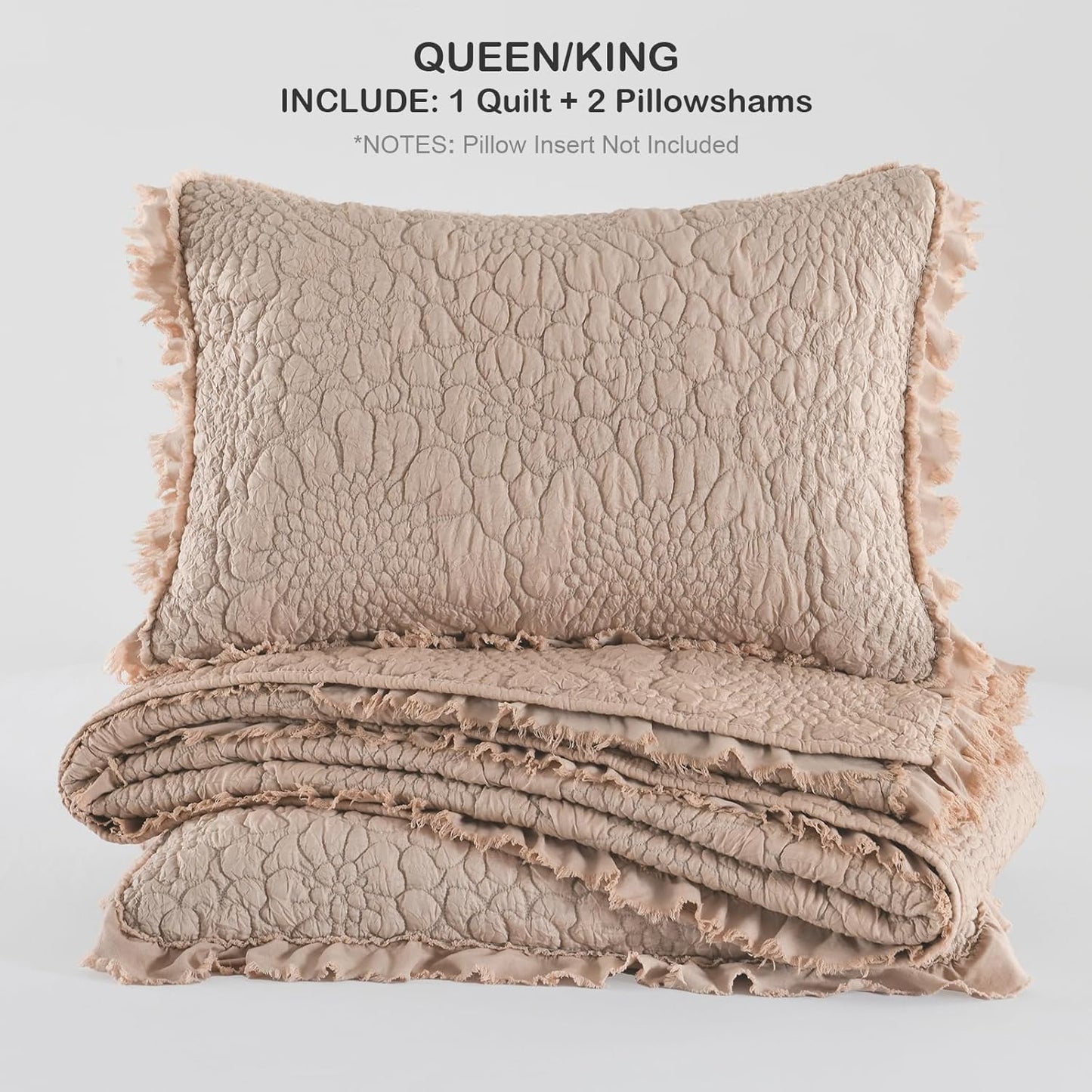 HORIMOTE HOME Pinkish Grey Ruffled Quilt King Size, Stone-Washed Lightweight Crinkled Farmhouse Rustic Shabby Chic Bedding Set, 3 Pieces Reversible Bedspread with Pillow Shams for All Season