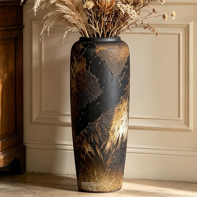 Black Rustic Ceramic Tall Floor Vase, 19.7 Inch Vintage Large Farmhouse Vase Pottery Clay Terracotta Rustic Vases for Home Decor Living Room Entryway Table Centerpieces,Kitchen,Housewarming Gifts