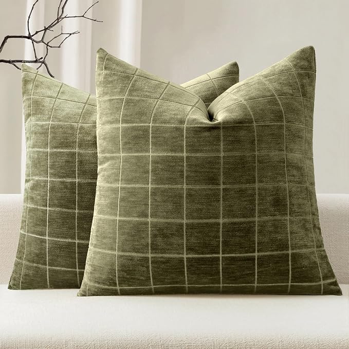 MIULEE Decorative Chenille Check Throw Pillow Covers Vintage Plaid Couch Pillows 18x18 Inch Set of 2 Neutral Boho Farmhouse Cushion Covers Modern Home Decor for Sofa Bed Living Room Olive Green