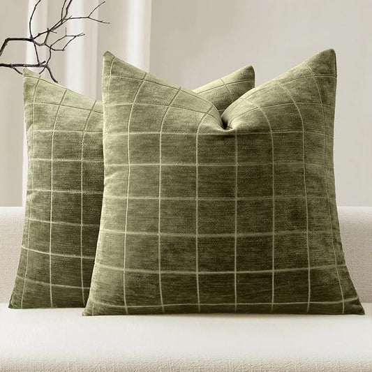 MIULEE Decorative Chenille Check Throw Pillow Covers Vintage Plaid Couch Pillows 20x20 Inch Set of 2 Neutral Boho Farmhouse Cushion Covers Modern Home Decor for Sofa Bed Living Room Olive Green