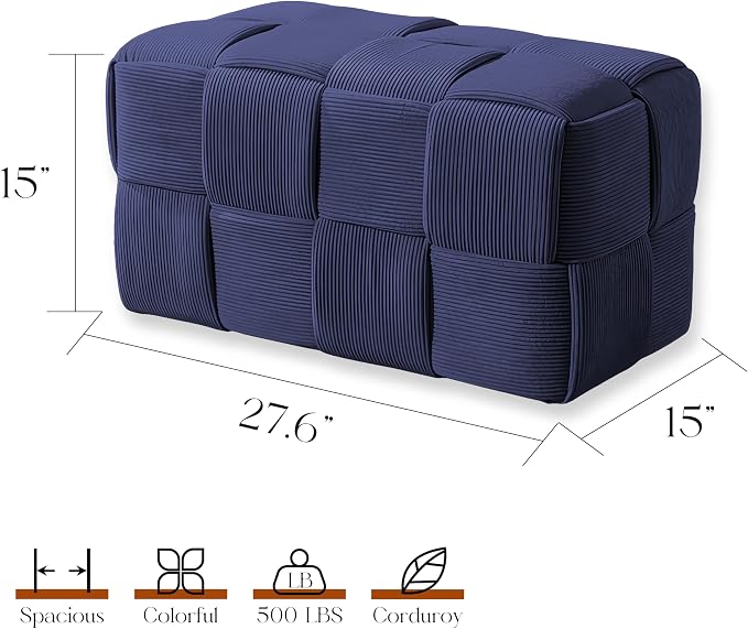 Cmishe 28" Rectangular Woven Corduroy Ottoman Footrest - Large Modern Entryway Bench & Bed End Stool, Sturdy Wood Frame, No Assembly (Blue-L)