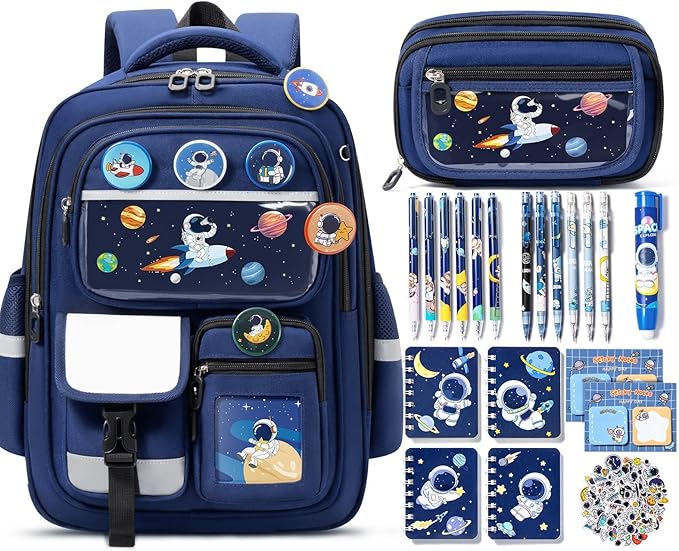 Fimibuke Kids Backpack for School Boys, 30PCS Space Toddler School Supplies Stationery Set with Bookbag Pencil Case Pins Gel Pens Pencils Notebooks Easter Gifts for Kindergarten Elementary Student