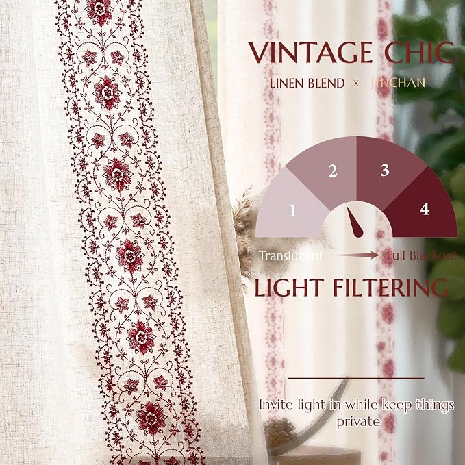 jinchan Red Floral Embroidered Short Linen Curtains 54×54 Inches 2 Panels | Light filtering, back tab, rod pocket, cafe curtains for kitchen bedroom living room, cottage farmhouse, small window