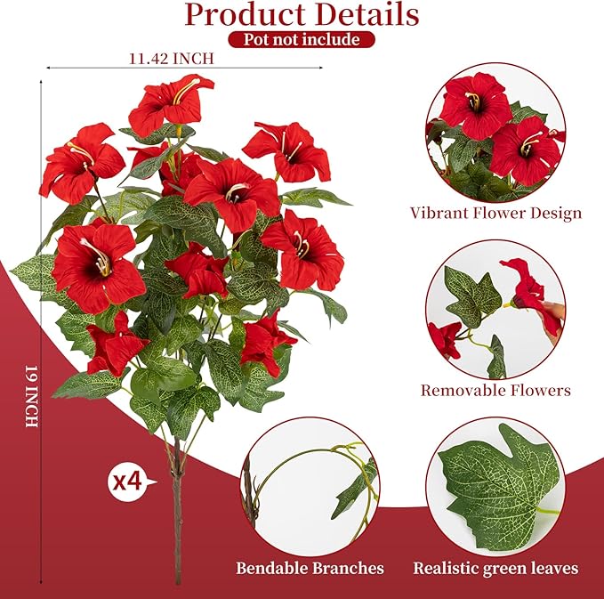19 Inch Artificial Fake Flowers for Outdoor,4 Pcs Red Faux Silk Petunias Spring Flowers for Outside for Indoor Porch Planter Front Door Garden Patio Window Box Home Decor