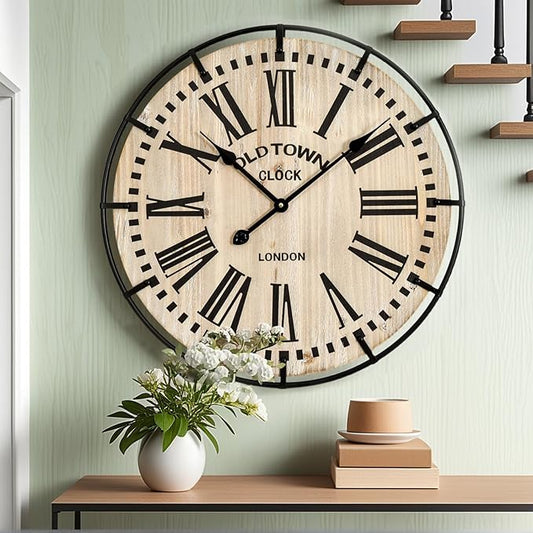 EMAX HOME Rustic Farmhouse Wall Clock 24 Inch, Vintage Oldtown London Wooden Large Clock with Silent Tick, for Bedroom, Office, Kitchen, Indoor Home Decoration