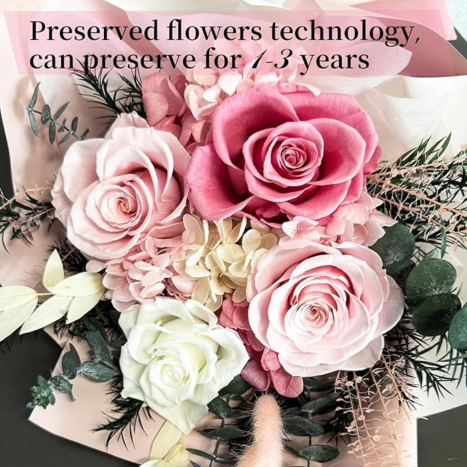 FNCHAI Flowers for Delivery Preserved Roses Bouquet Real Pink Forever Rose in Box Birthday Gifts for Women Wife Mother Day Anniversary Graduation (Pink)