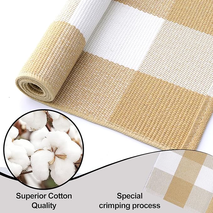 OLANLY Buffalo Plaid Rug 2' x 3' (24" x 36") – Beige and White Cotton Checkered Doormat, Washable Indoor Outdoor Rug for Layered Front Porch, Kitchen, Entryway Decor