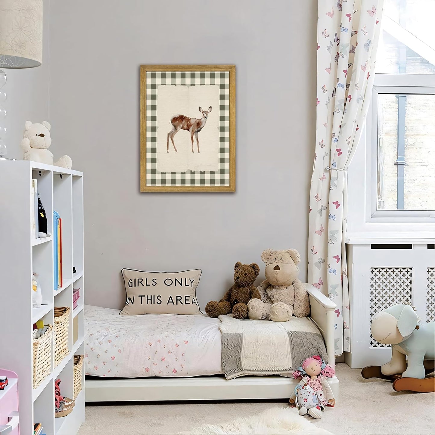 Wood Framed Deer Wall Art Print, Woodland Baby Deer Canvas Poster Wall Decor, Vintage Rustic Green Gingham Farmhouse Animal Picture for Living Room Kitchen Bedroom Nursery Decor, 16x24 inch