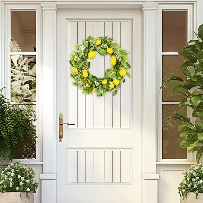 YNYLCHMX 18" Wreaths for Front Door, Artificial Floral Lemon Wreath with Green Eucalyptus Leaves, Green Foliage Wreath for Wall Window Farmhouse Party Holiday Home Decor
