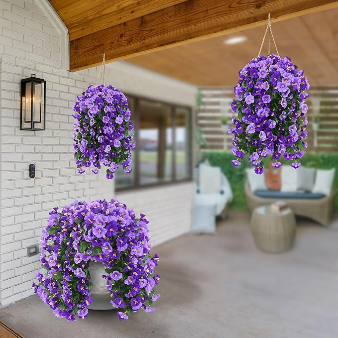 Sggvecsy Artificial Fake Hanging Flowers Plants Outdoor Outside Spring Summer Decoration 2PCS Faux Silk UV Resistant Morning Glory Trailing Vines for Home Porch Patio Balcony(Purple & Light Purple)