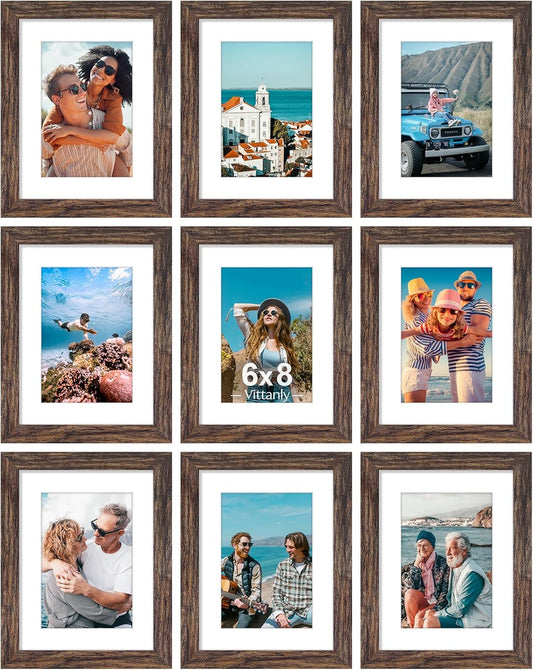 Vittanly 6x8 Picture Frames Set of 9, Shatter Resistant Plexiglass, Display 4x6 Pictures with Mat or 6x8 without Mat, Photo Frames for Wall or Tabletop, Engineered Wood, Brown