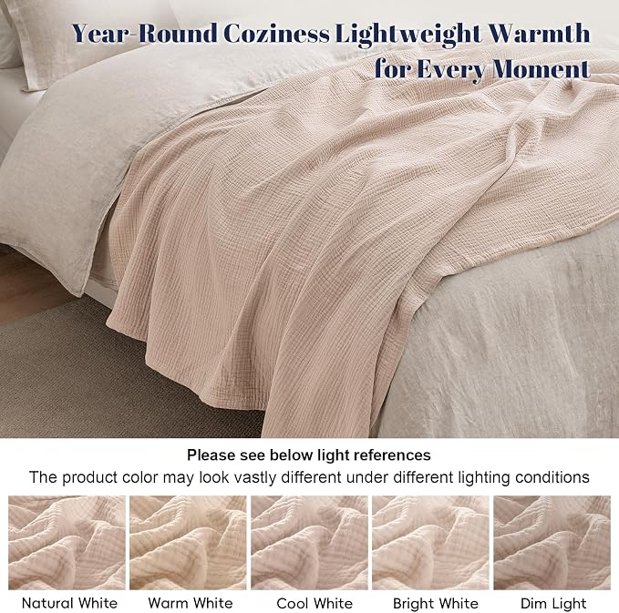 PHF 100% Cotton Muslin Throw XL Blanket Large 50" x 70", 4-Layer Lightweight Gauze Throw, Breathable Cloud-Soft Minimalist Blanket for Bed, Couch, Camping & Baby, Dusty Pink, Ideal Gift