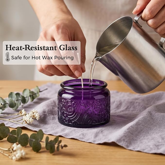 4 oz Purple Sun Moon Stars Candle Jars with Bamboo Lids, 18 Pack | Patented Embossed Design, Includes Wick Centering Devices & Warning Labels, Multiple Color Options
