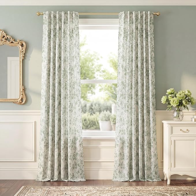 StangH Farmhouse Sage Green Floral Curtains for Living Room, Luxury Peony Patterned Linen Look Drapes for High Ceiling, Aesthetic Nature-Inspired Privacy Window Treatments, W52 x L96, 2 Panels