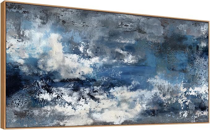 The Mode Art Framed Wall Art Abstract Ocean Canvas Pictures Blue White Grey Modern Seascape Artwork for Living Room Bedroom Office 30x58inch