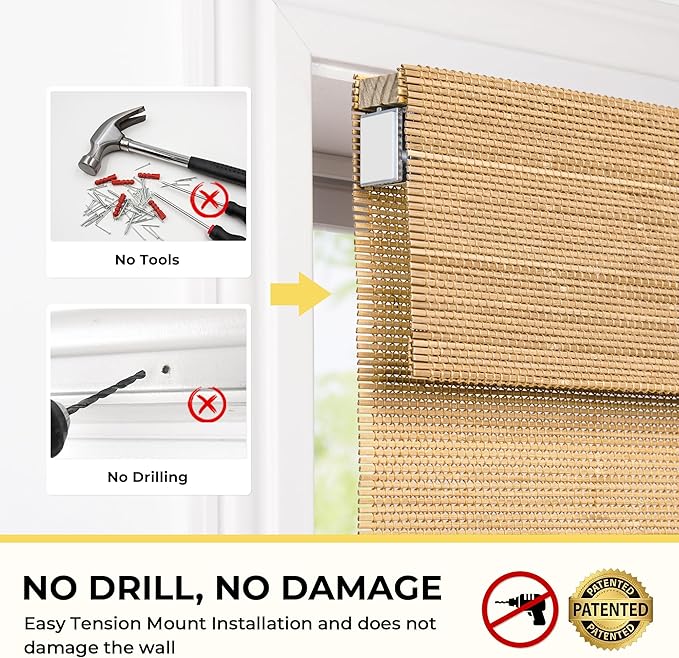 UNISHADES No Drill Cordless Bamboo Roman Shades, 47×64 in, Carbonized | Natural material, Light Filtering, Easy Install