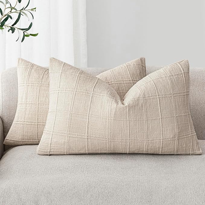 Foindtower Set of 2 Decorative Linen Check Throw Pillow Covers Neutral Farmhouse Lumbar Cushion Covers Modern Boho Home Decor for Sofa Chair Couch Bedroom Living Room,12×20 Inch,Natural Beige