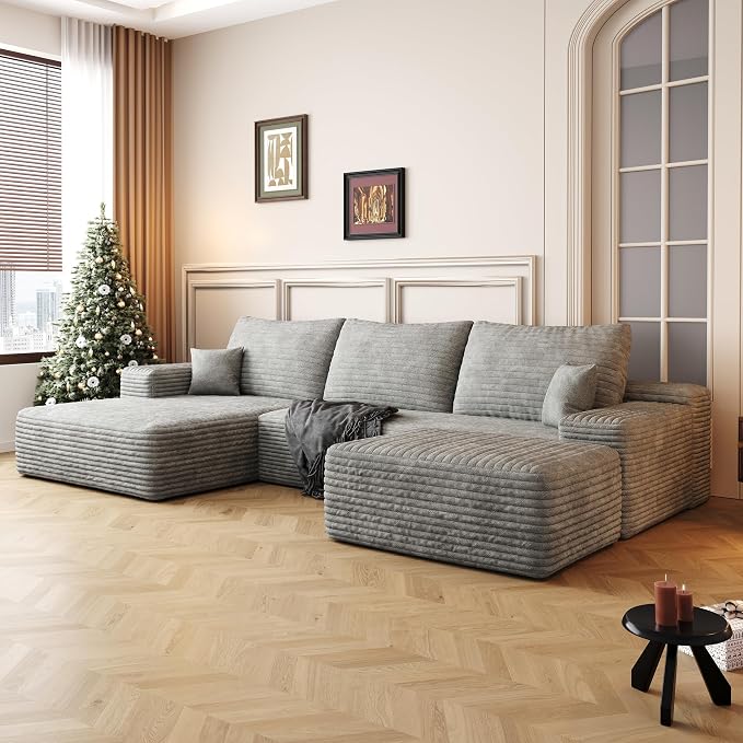 107" U Shaped Cloud Corduroy Couch with Ottoman, Comfy Sectional Boneless Couches for Living Room Bedroom, Deep Seat Sleeper Compression Sofa, No Assembly, Left Facing Chaise, Grey